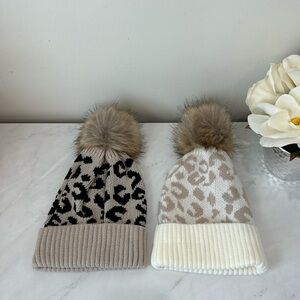 NEW Knit Winter Hat Bundle Leopard Furry Pompoms Winterwear